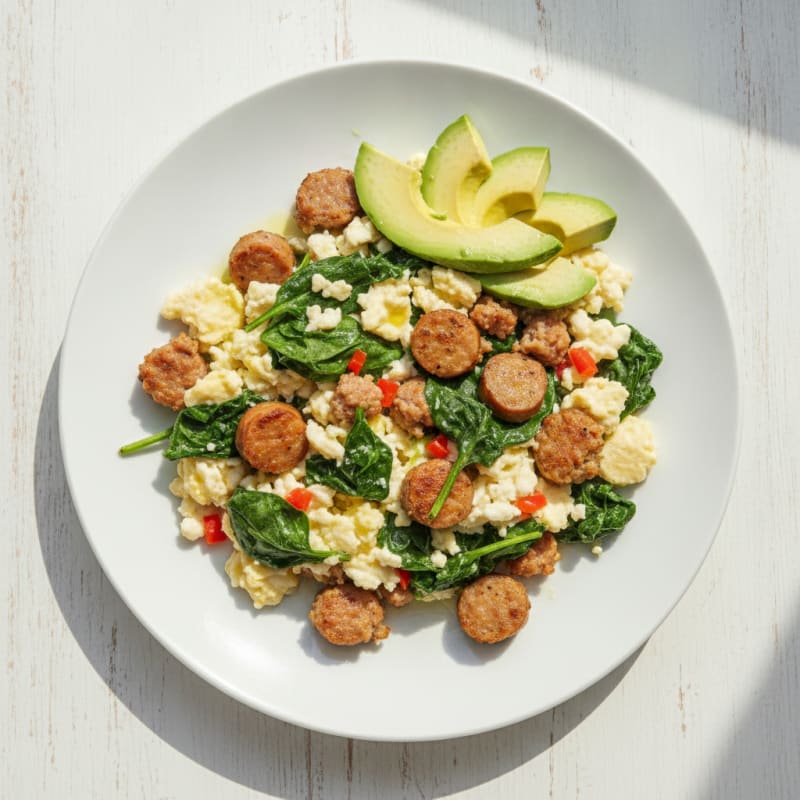 Scrambled Egg Whites with Turkey Sausage and Sautéed Spinach
