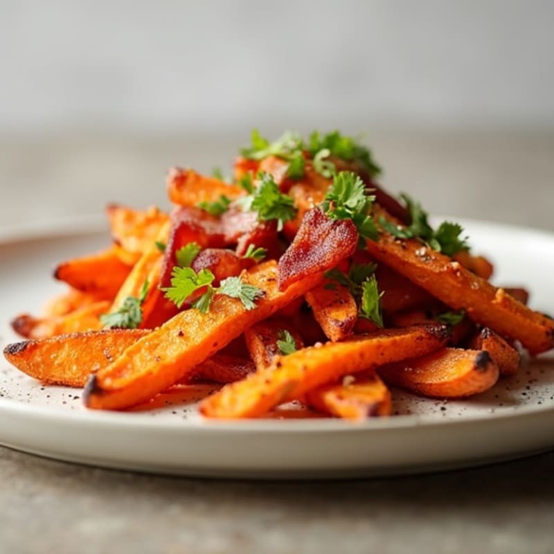 Crispy Roasted Sweet Potato Fries with Smoky Turkey Bacon and Light Cheddar Drizzle