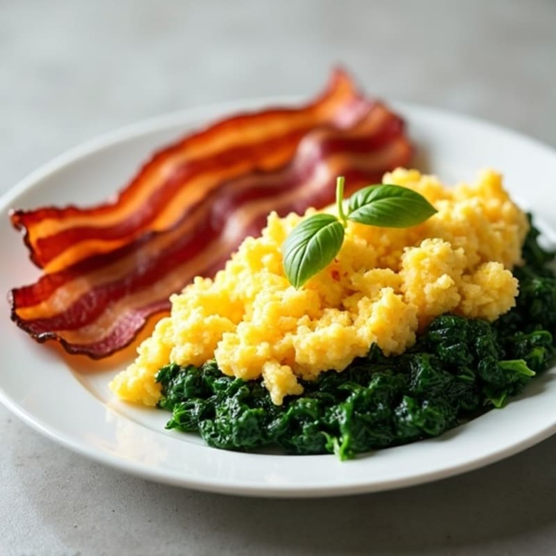 Crispy Turkey Bacon and Fluffy Egg Scramble with Sautéed Spinach