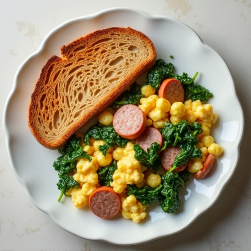 Egg White and Turkey Sausage Scramble with Sautéed Spinach