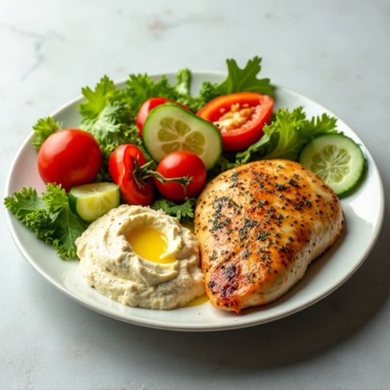 Lemon-Herb Chicken with Creamy Hummus and Fresh Vegetable Salad