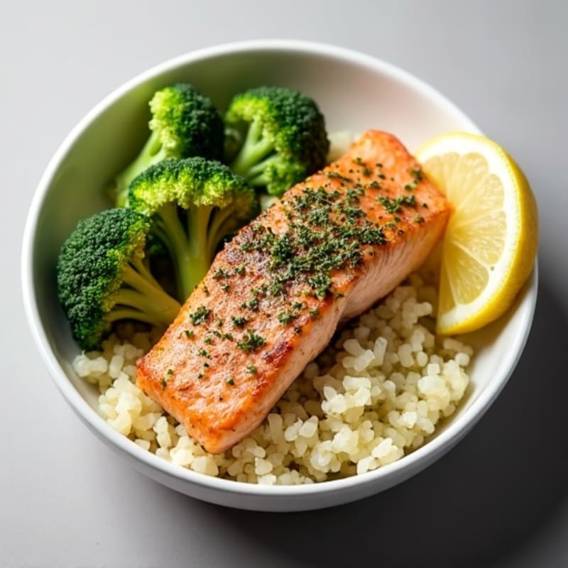 Herb-Crusted Salmon with Roasted Broccoli Rice Bowl