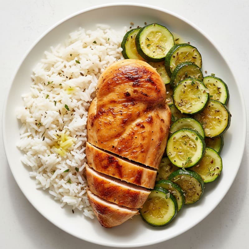 Roasted Chicken Breast with Herbed Zucchini and Basmati Rice
