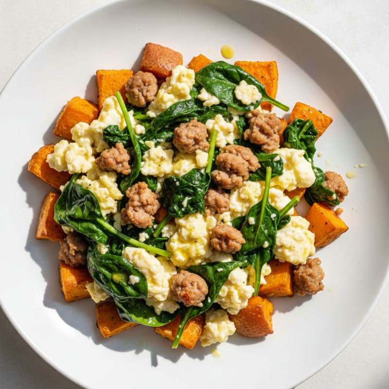 Egg White and Turkey Sausage Scramble with Spinach and Roasted Sweet Potatoes