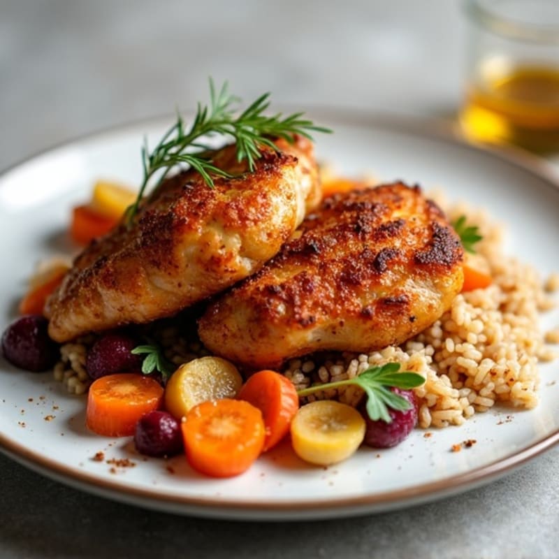 Crispy Spiced Chicken Thighs with Herbed Brown Rice and Roasted Root Vegetables