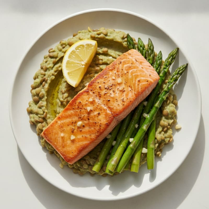 Seared Salmon Fillet with Steamed Asparagus and Lentil Mash
