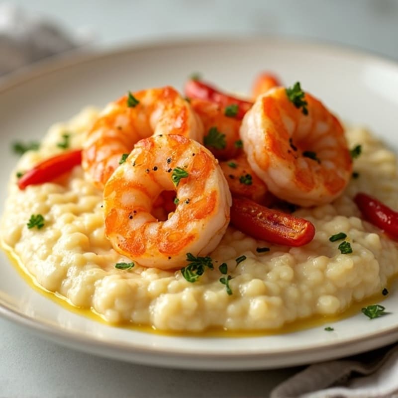 Creamy Cauliflower Grits with Spicy Garlic Shrimp