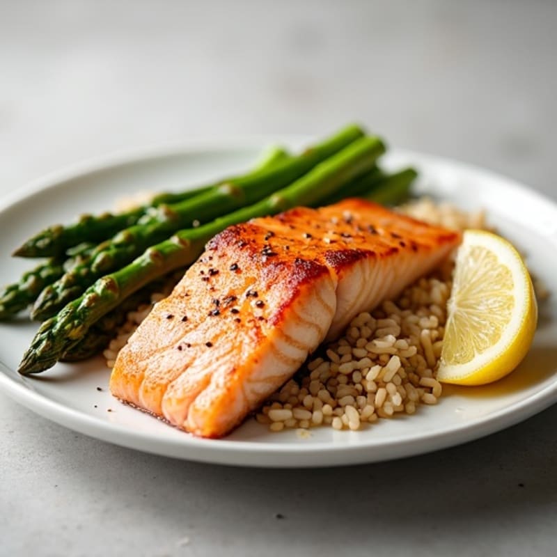 Seared Salmon Fillet with Steamed Asparagus and Brown Rice