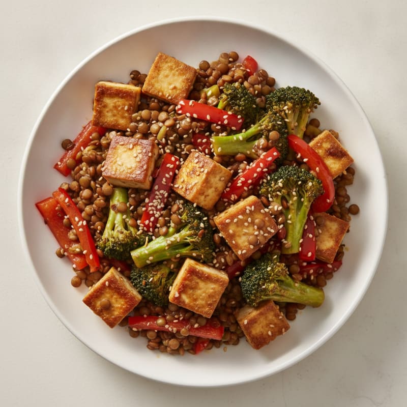 Seared Tofu with Lentil and Vegetable Stir-Fry