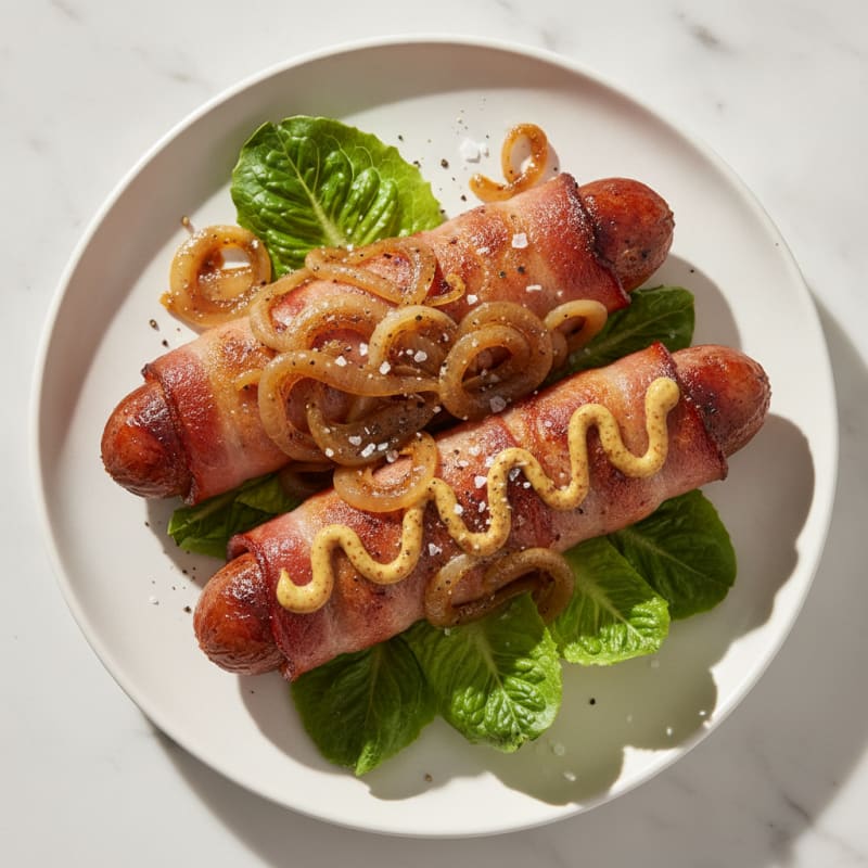 Bacon-Wrapped Hot Dogs with Caramelized Onions
