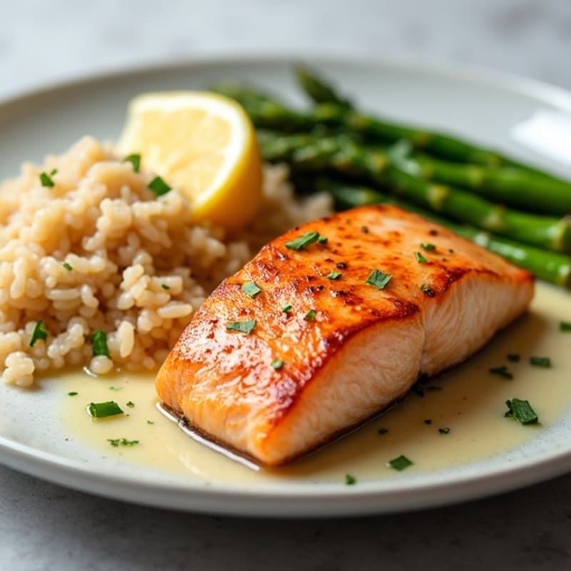 Seared Salmon Fillet with Steamed Asparagus and Brown Rice