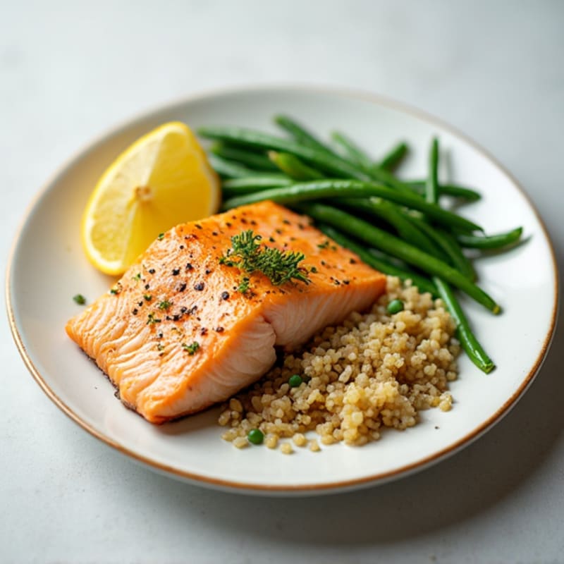 Seared Salmon with Lemon-Garlic Green Beans and Quinoa