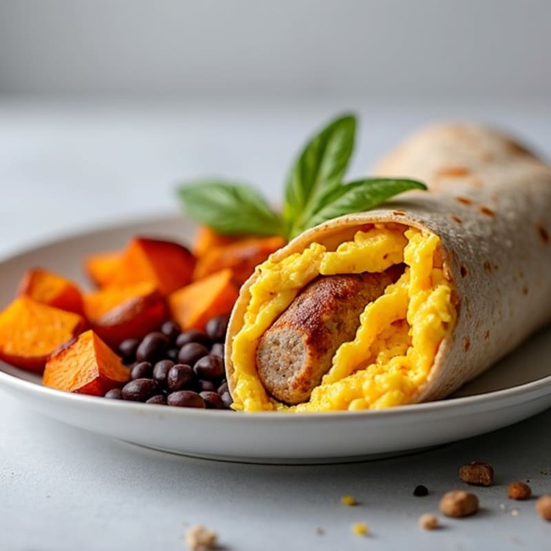 Chicken Sausage and Scrambled Egg Burrito with Roasted Sweet Potato and Black Beans