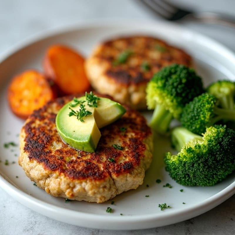 Seared Turkey Patties with Roasted Sweet Potatoes and Steamed Broccoli
