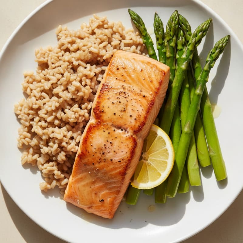 Seared Salmon with Steamed Asparagus and Brown Rice