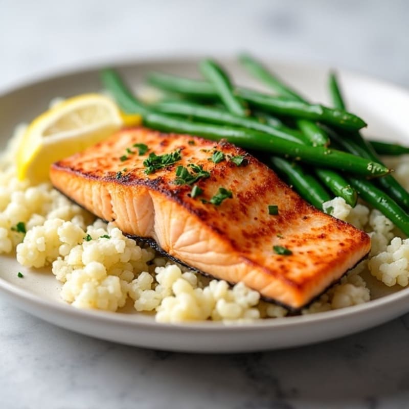 Seared Salmon Fillet with Steamed Green Beans and Cauliflower Rice