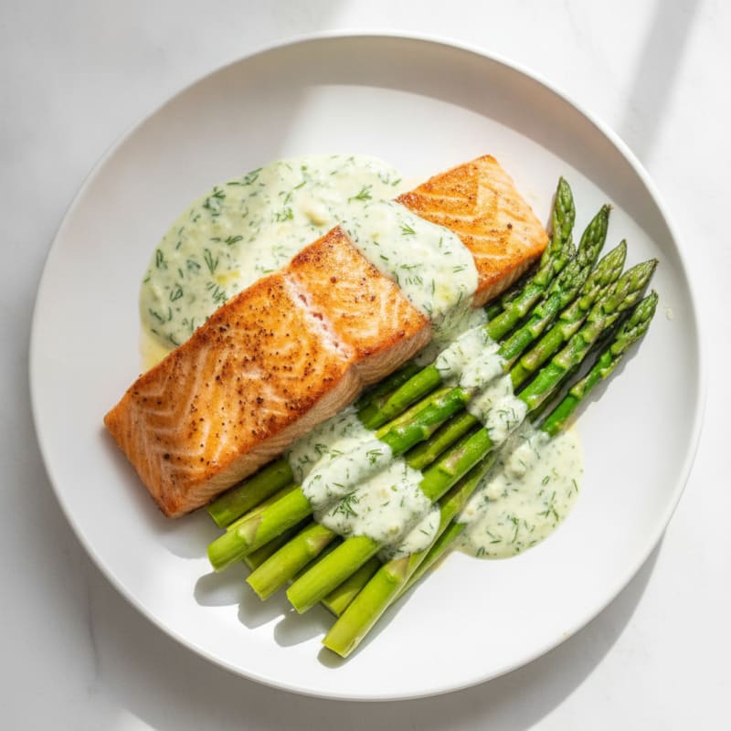Seared Salmon Fillet with Steamed Asparagus and Greek Yogurt Dill Sauce