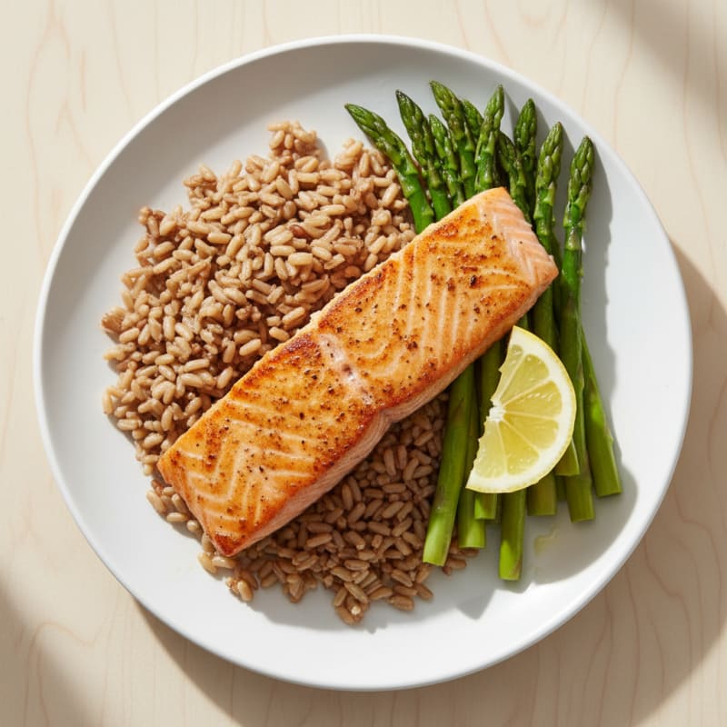 Seared Salmon with Steamed Asparagus and Brown Rice