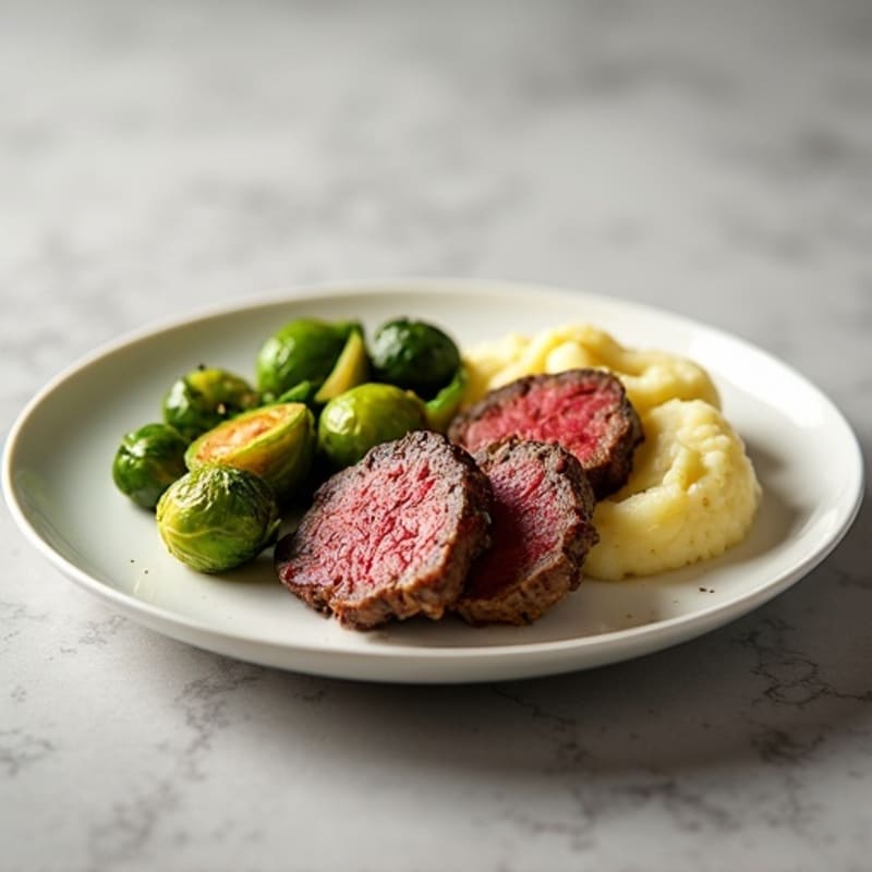 Seared Beef Medallions with Garlic Mashed Potatoes and Sautéed Brussels Sprouts