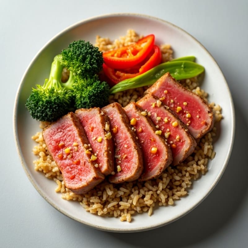 Sesame-Soy Ahi Tuna with Brown Rice and Crispy Vegetables