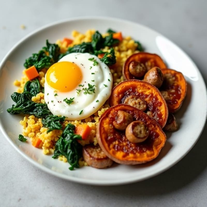 Egg White and Turkey Sausage Scramble with Spinach and Roasted Sweet Potato