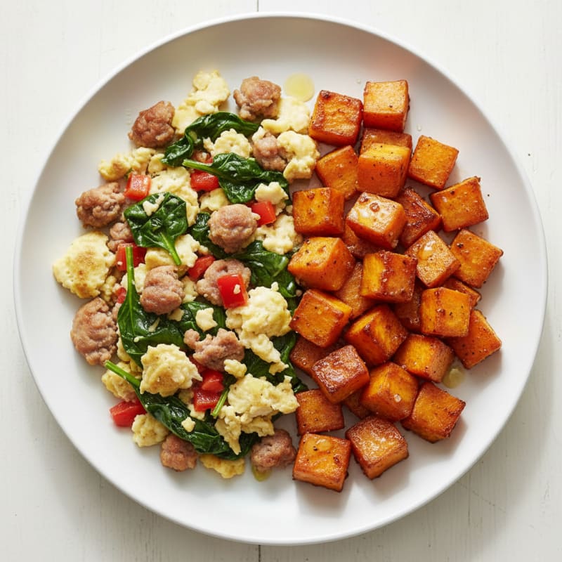 Egg White and Turkey Sausage Scramble with Roasted Sweet Potato