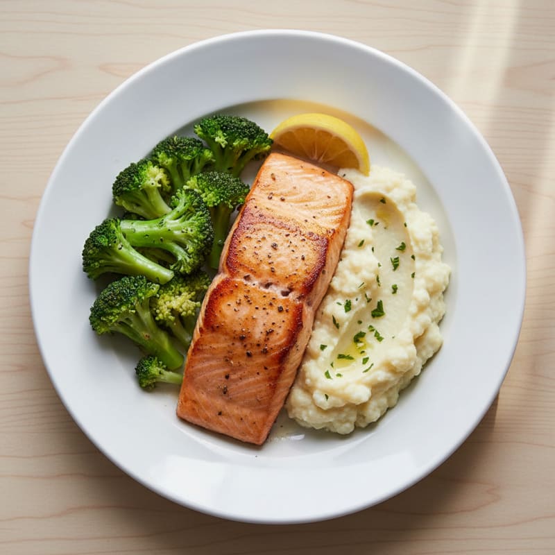 Seared Salmon Fillet with Steamed Broccoli and Garlic Mashed Cauliflower
