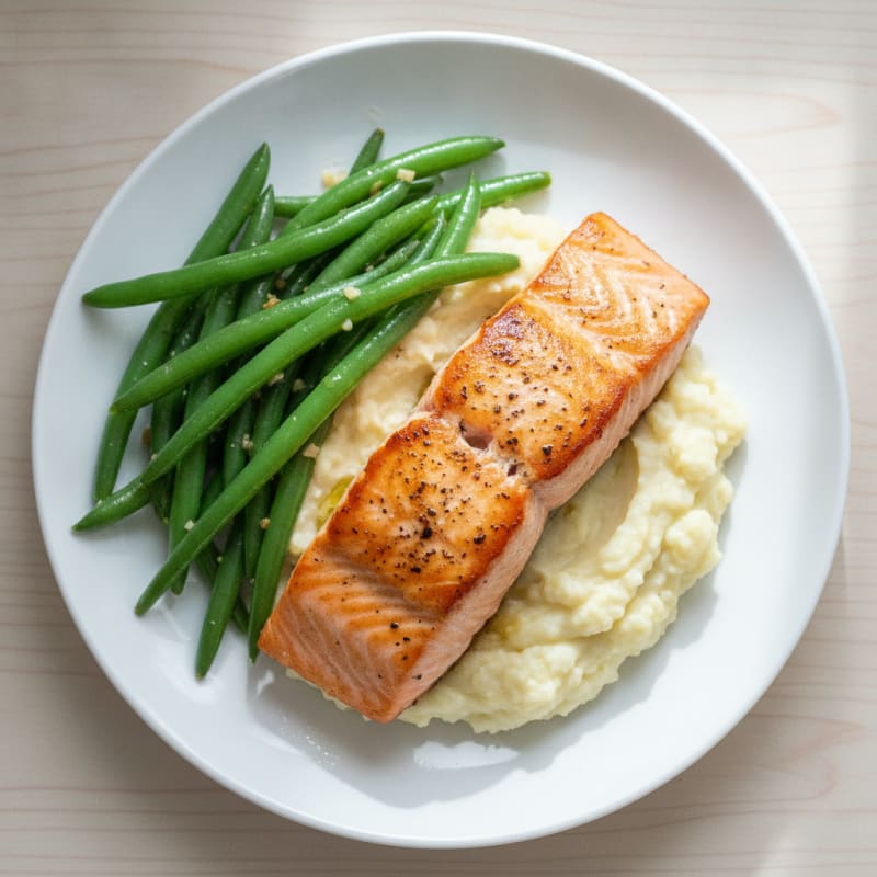 Seared Salmon with Garlic Green Beans and Cauliflower Mash