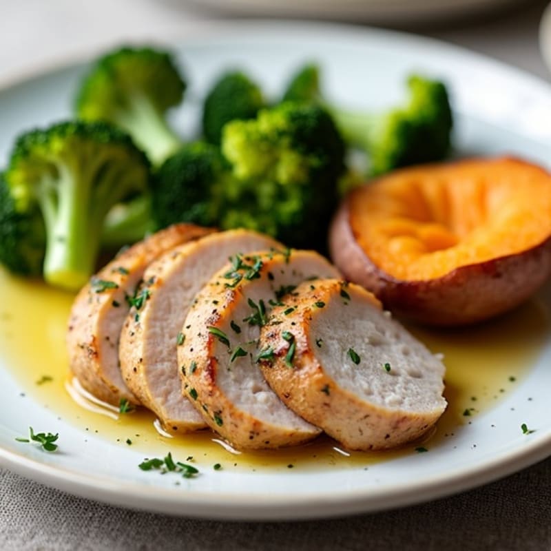 Herb-Roasted Turkey Breast with Steamed Broccoli and Sweet Potato