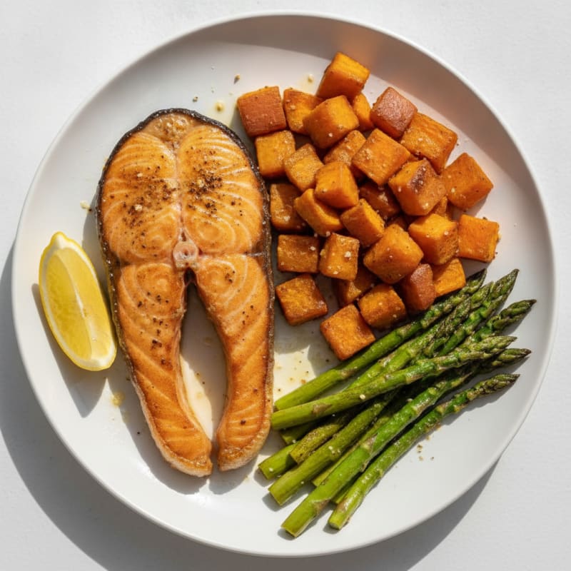 Seared Salmon Fillet with Roasted Sweet Potato and Asparagus