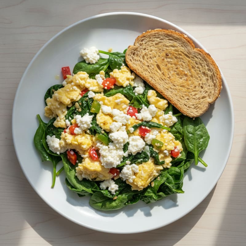 Egg White Veggie Scramble with Cottage Cheese and Sautéed Spinach