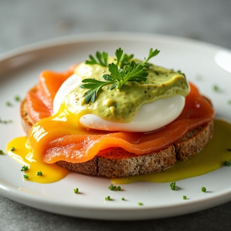 Smoked Salmon Poached Eggs with Creamy Avocado Sauce and Whole Grain Toast