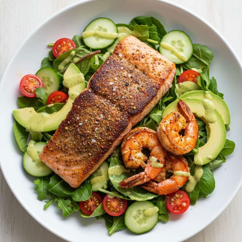 Crispy Blackened Salmon & Shrimp Salad