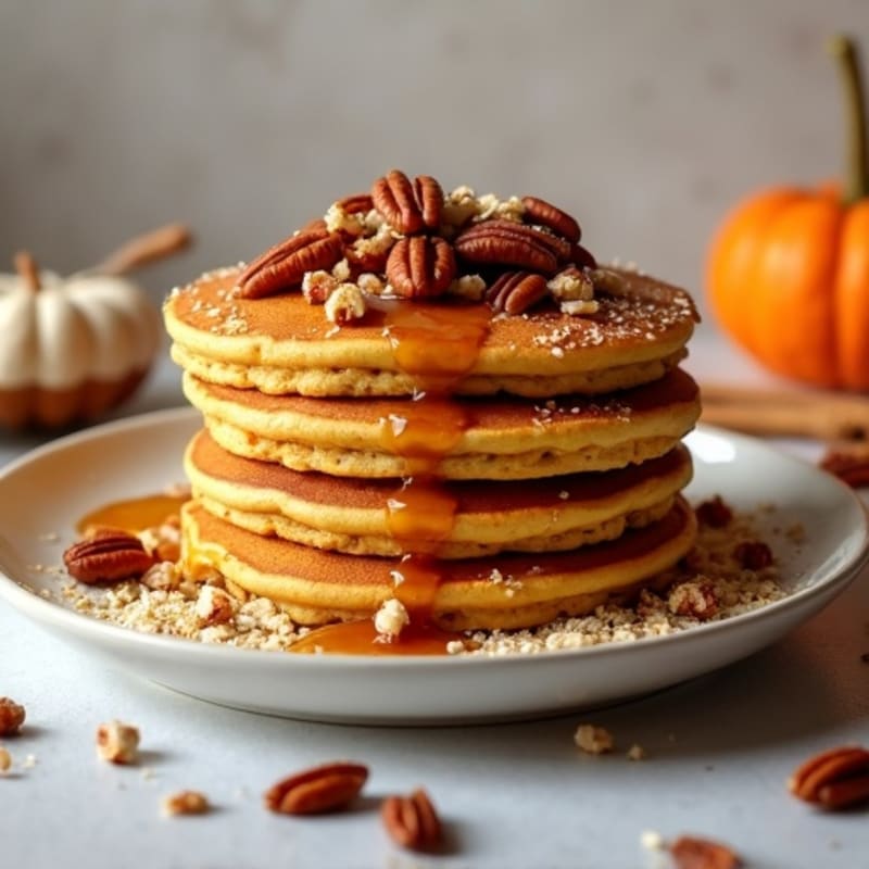 Fluffy Pumpkin Spice Protein Pancakes with Maple Pecans