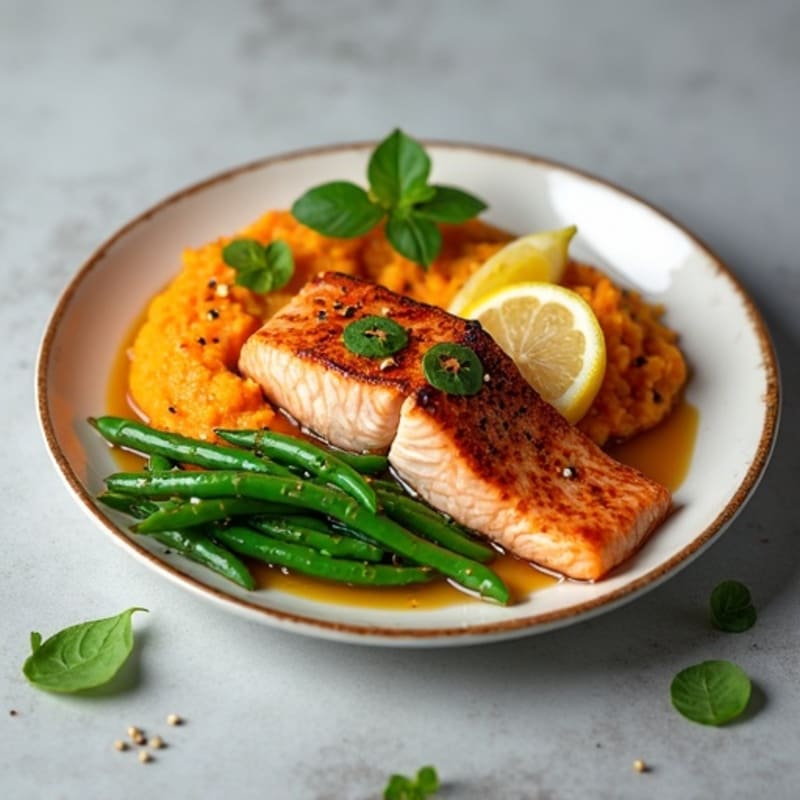 Seared Salmon Fillet with Steamed Green Beans and Sweet Potato Mash