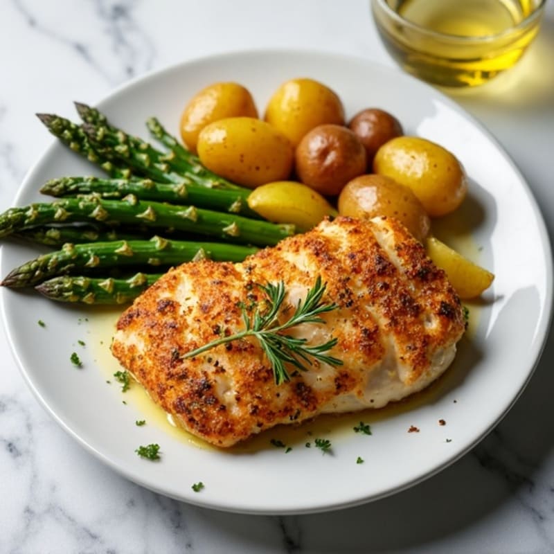 Crispy Roasted Potatoes with Lemon-Herb Chicken and Roasted Asparagus