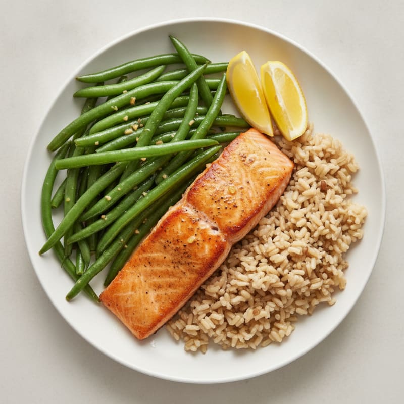 Seared Salmon with Garlic Green Beans and Brown Rice