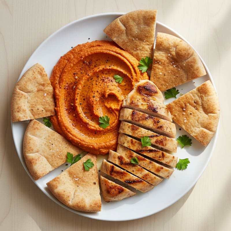 Roasted Red Pepper Hummus with Grilled Chicken and Pita