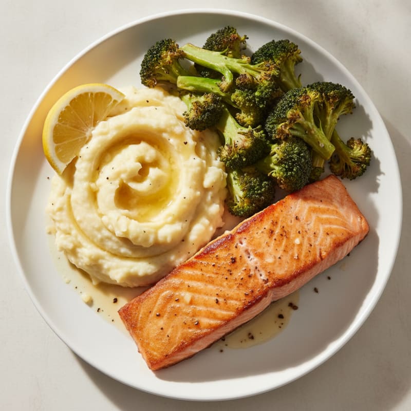 Seared Salmon with Roasted Broccoli and Garlic Mashed Potatoes