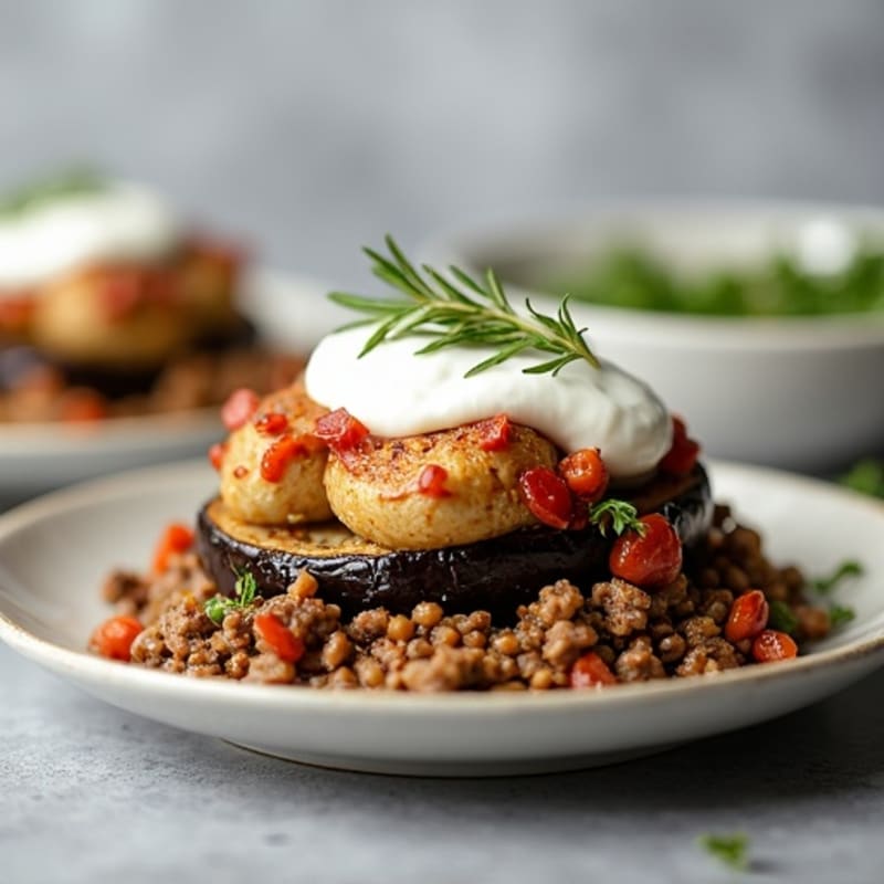 Savory Lamb and Roasted Eggplant Bake with Creamy Topping