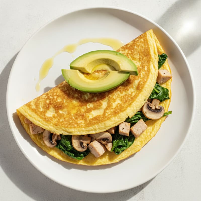 Egg White Spinach Omelette with Turkey and Sautéed Mushrooms