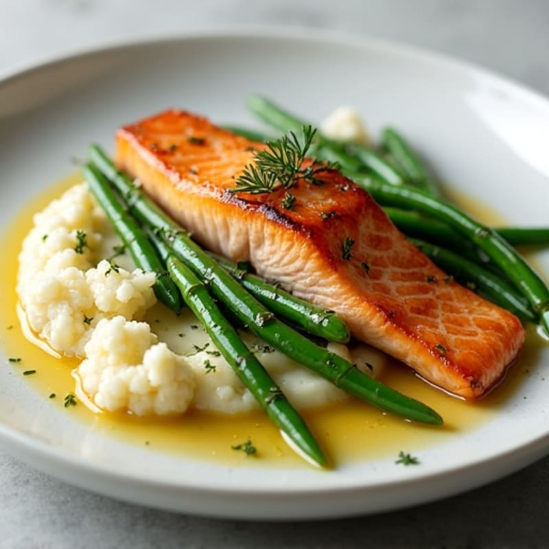 Seared Salmon with Garlic Green Beans and Cauliflower Mash