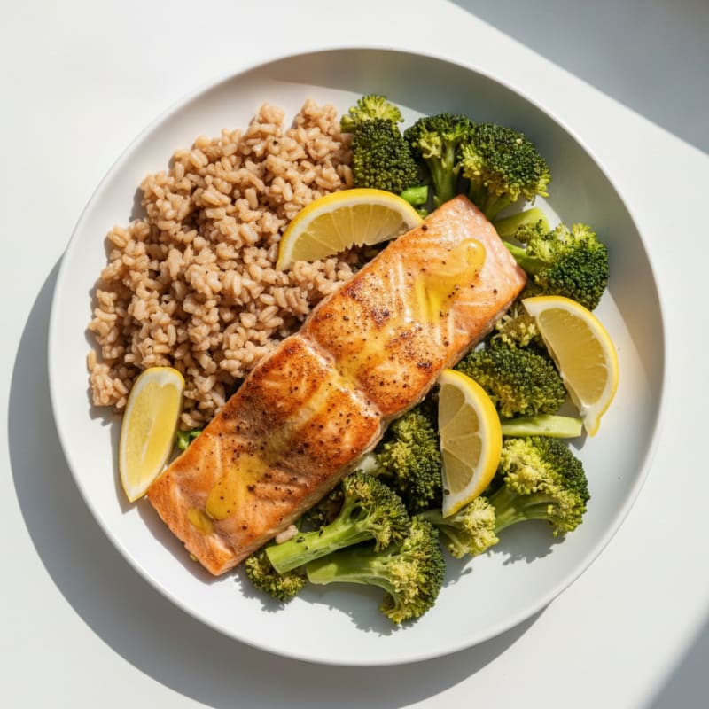 Seared Salmon with Steamed Broccoli and Brown Rice