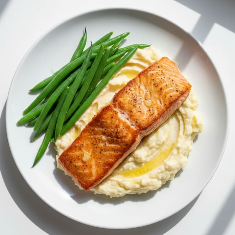 Seared Salmon Fillet with Steamed Green Beans and Garlic Mashed Cauliflower