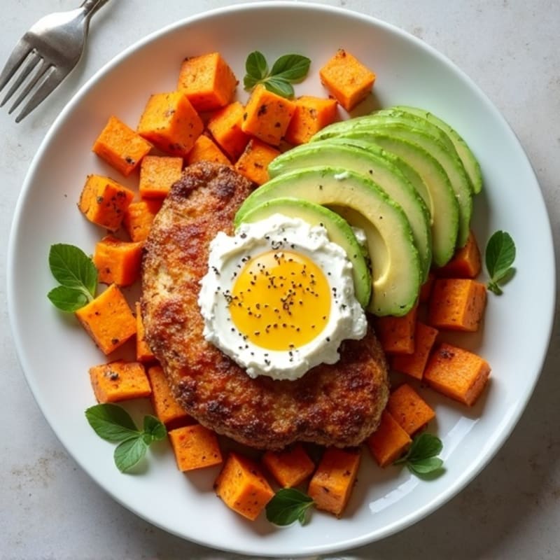 Crispy Chicken and Roasted Sweet Potato with Creamy Cottage Cheese and Fresh Avocado