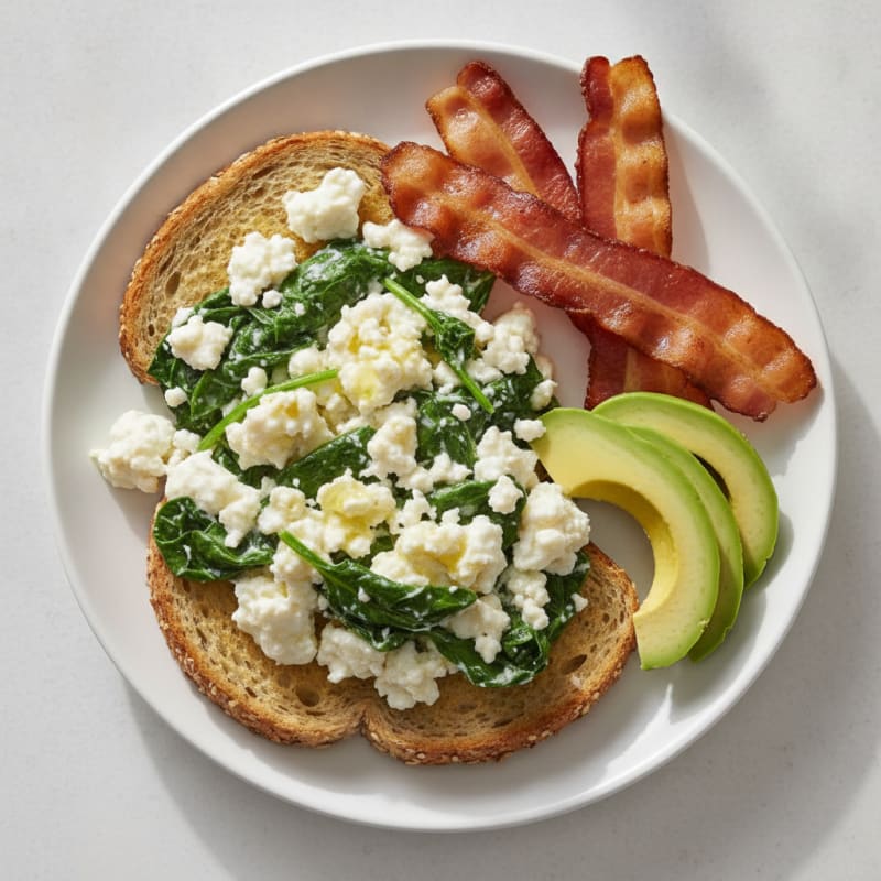 Egg White and Cottage Cheese Scramble with Sautéed Spinach and Turkey Bacon