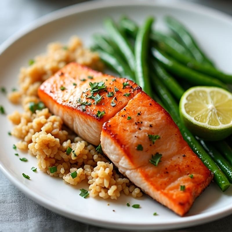 Seared Salmon Fillet with Garlic Green Beans and Brown Rice