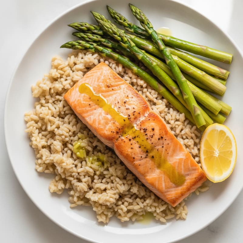 Seared Salmon with Steamed Asparagus and Brown Rice