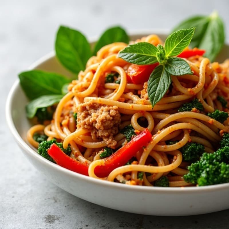 Spicy Lean Ground Pork Noodles with Fresh Greens