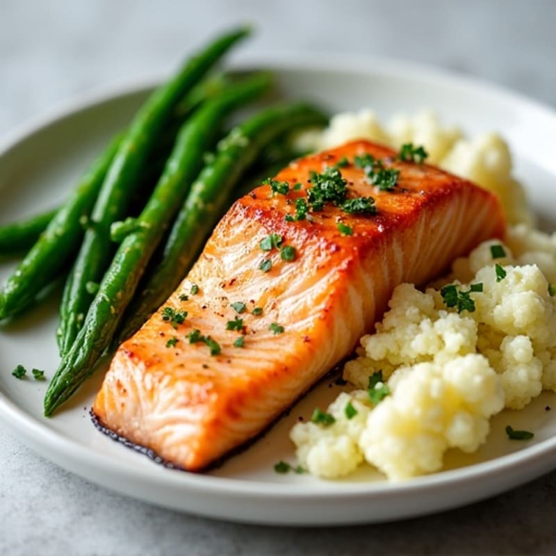 Seared Salmon Fillet with Steamed Green Beans and Garlic Mashed Cauliflower